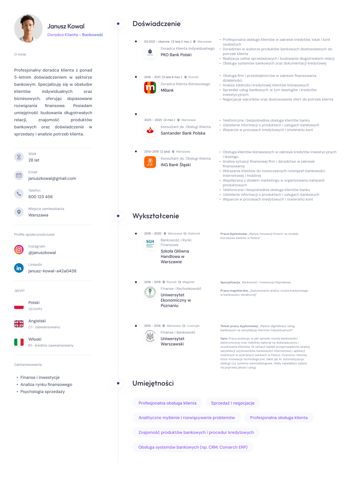 Example CV for Client Advisor (Banking)