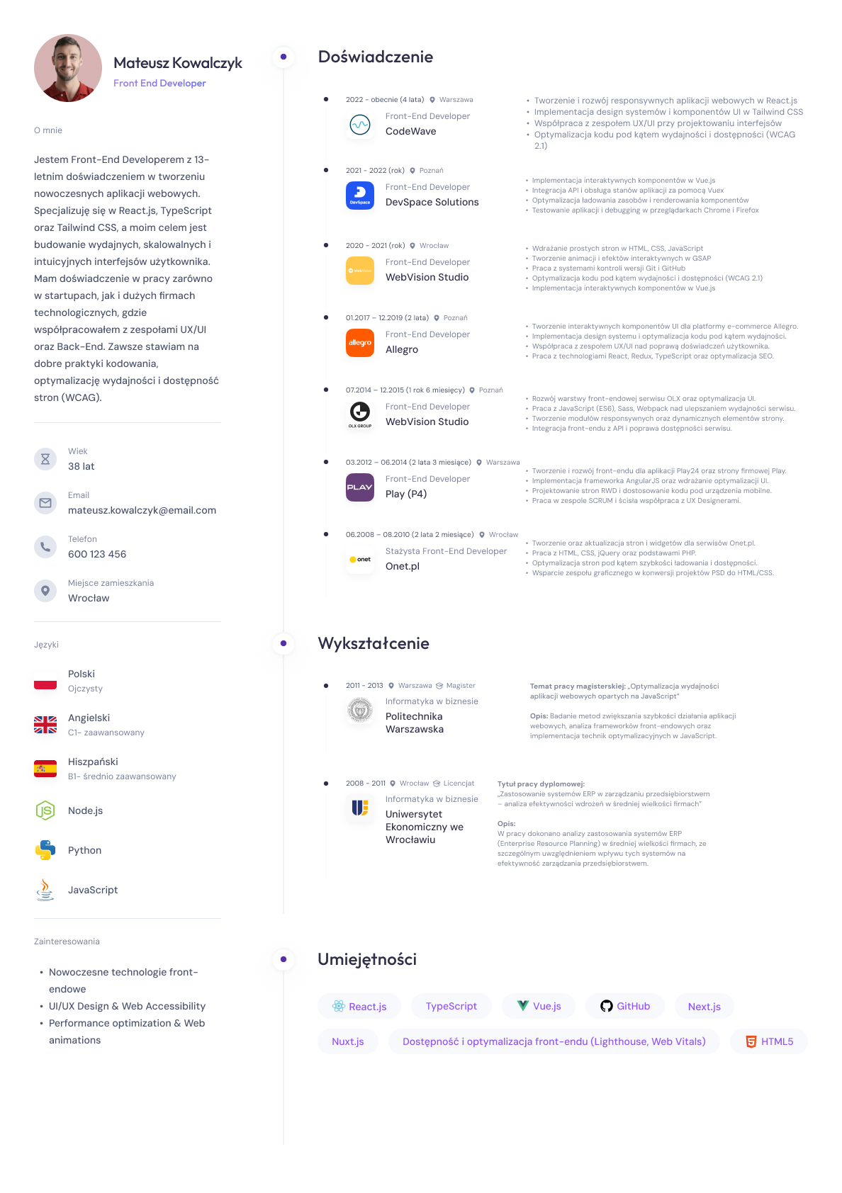 Example CV for Front-End Developer