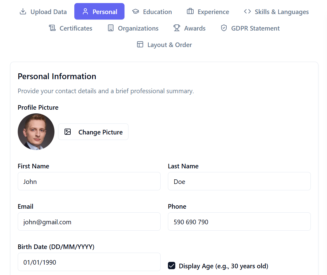 Personal Information Section Preview