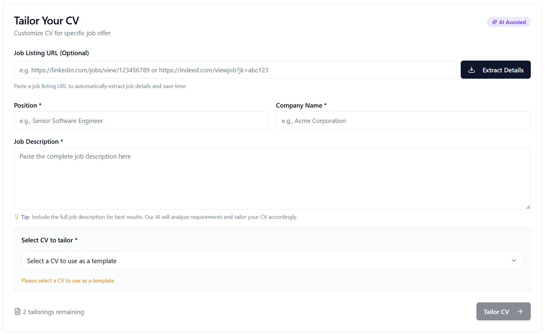Tailor CV Form Preview